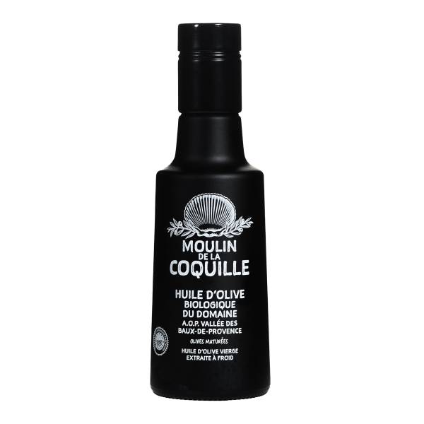 Bouteille en verre peinte d'huile d'olive BIO AOP Vallée des Baux de Provence extraite au moulin de la Coquille au cœur des Alpilles médaille d'or Paris 2025